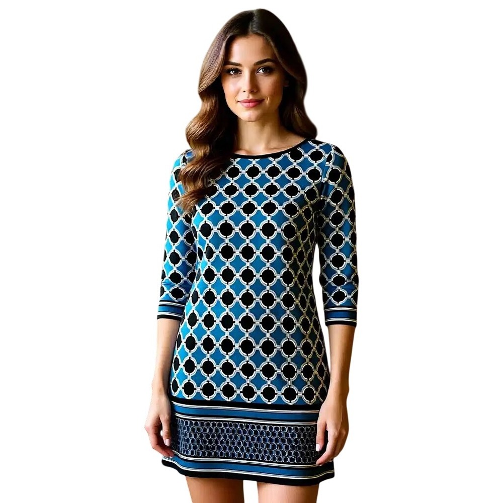 White House Black Market‎ Geometric Circle Print Shift Dress Teal Black Large